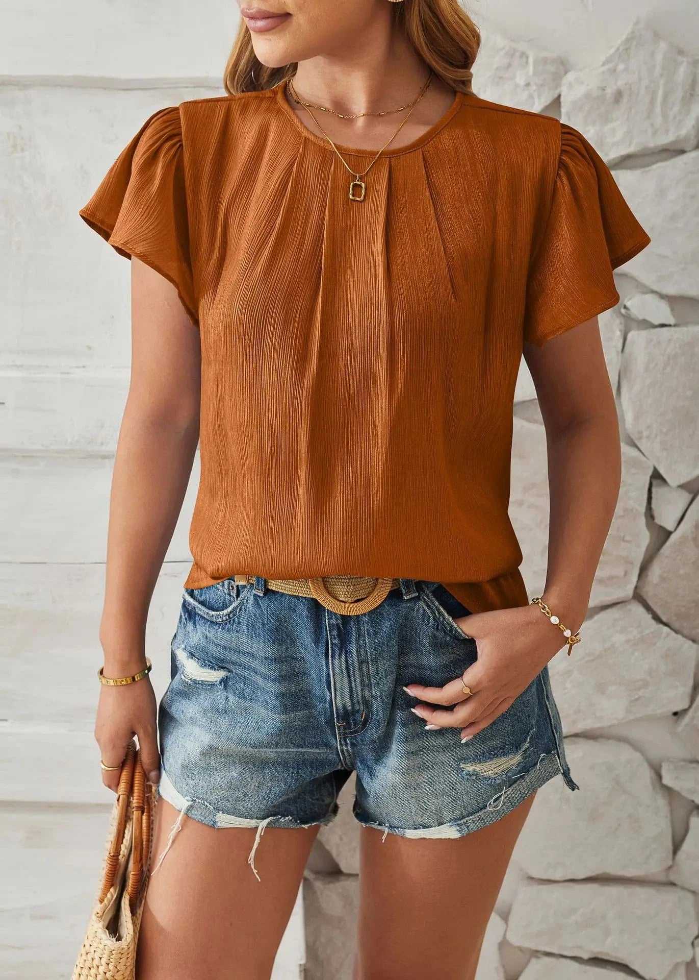 S / Brown Europe and the United States Women's 2024 Spring and Summer New Round Neck Fashion Thin Fabric Petal Sleeve Loose Shirt