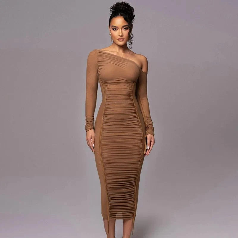 S / Brown RNSHANGER Diagonal Collar Long Sleeve Midi Dress For Women Two Layer Mesh Backless Ruched Bodycon Club Party Sexy Long Dress