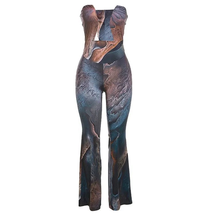S / Brown Summer Strapless Open Chest Hollow Out Jumpsuit Women Off the Shoulder Sexy Wide Leg Bodycon Rompers