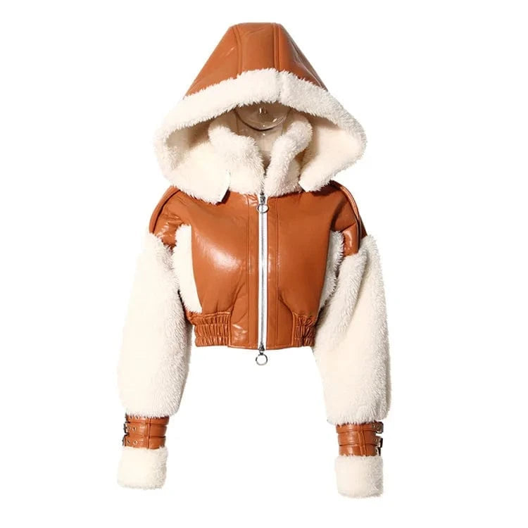 S / Brown Thicken Faux Pu Leather Wool FurJacket Women Patchwork 2024 Fashion Short Hooded Coat