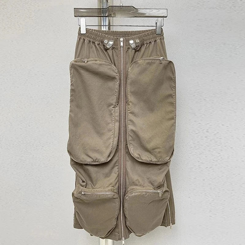 S / Brown TWOTWINSTYLE Womens Skirts High Waist Patchwork Pockets Midi Skirts For Women Clothes 2024