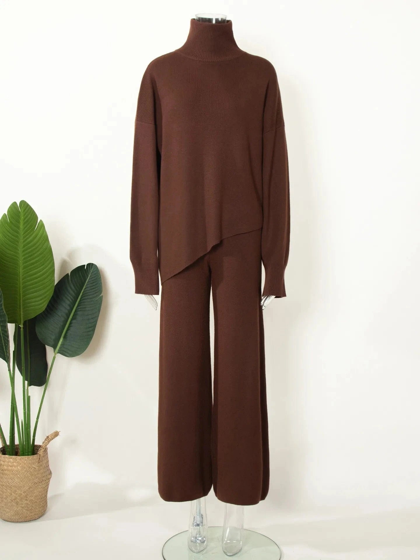 S / Brown Women's Clothing New Women Half Turtleneck Sweater Set Womens Irregular Hypotenuse Sweater And Knit Wide Leg Pants Two Piece Set