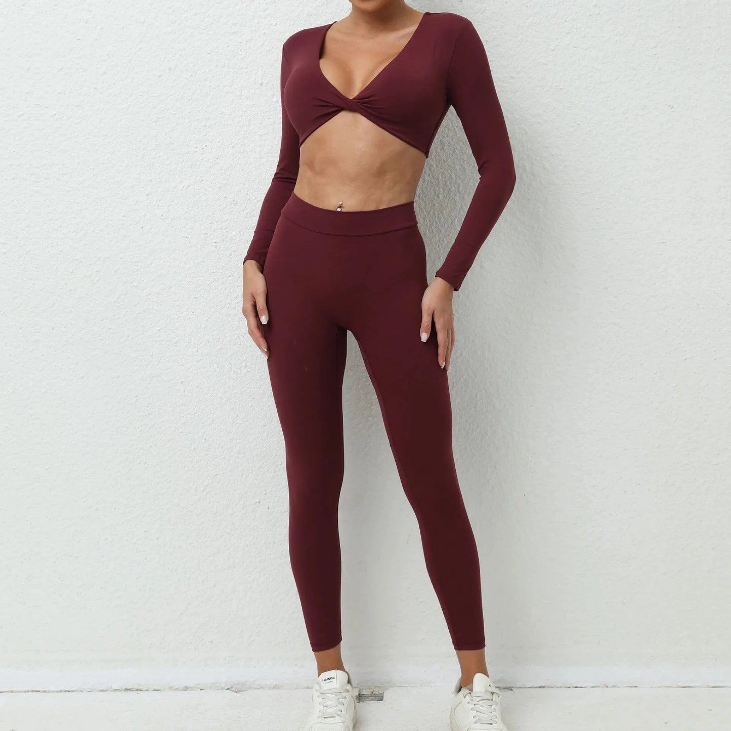 S / Burgundy 2024 spring trendy usa quick dry gym fitness sets yoga v neck crop top two piece pants set
