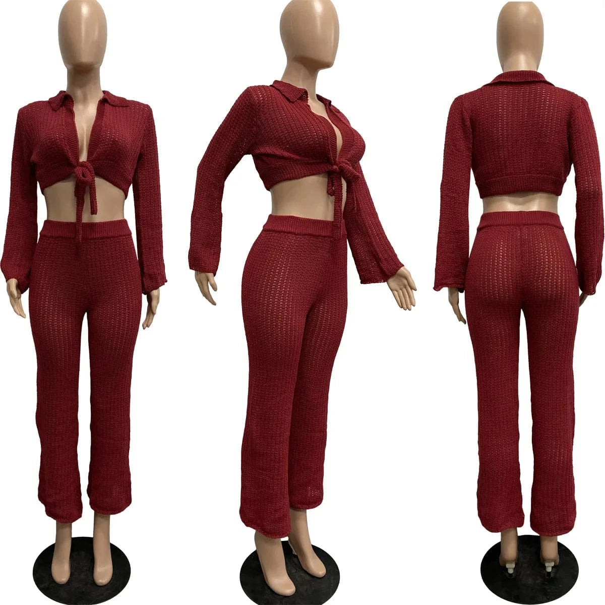 S / Burgundy Bomblook C113ST01 2024 Clothes For Women Outfits Solid Tie Up Top  With Pencil Pants Sexy Outfits Women Real Knit Two Piece Set