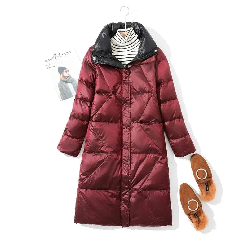 S / Burgundy Winter 2024 New Double Wear Light Down Jacket Women's Middle School Long Korean Slim White Duck
