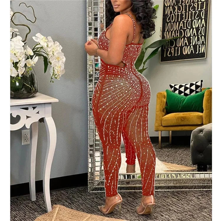 S / Burgundy Women Summer Patchwork Hollow Out Rhinestones Sleeveless Tight Clubwear Sexy Overalls