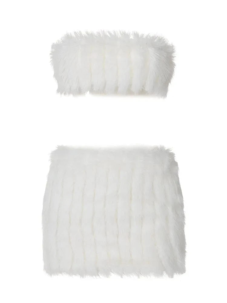 S / C301ST White Bomblook C301ST Comfortable Outfits Fuzzy Corset And Skirt Set Women Y2K Sexy Suits Women 2 Pieces White Set 2024