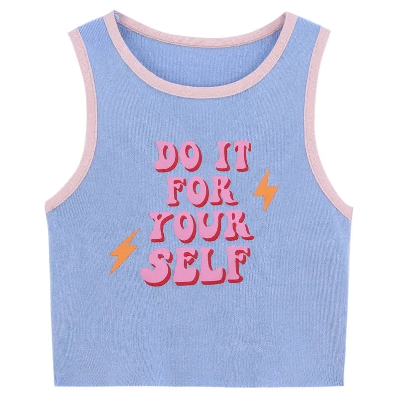 S / C304TP Blue Bomblook C304TP Cute Letter Print Baby Tees 2024 New Arrivals Y2K Patchwork Streetwear Women's Fashion Rib Knit Tank Tops