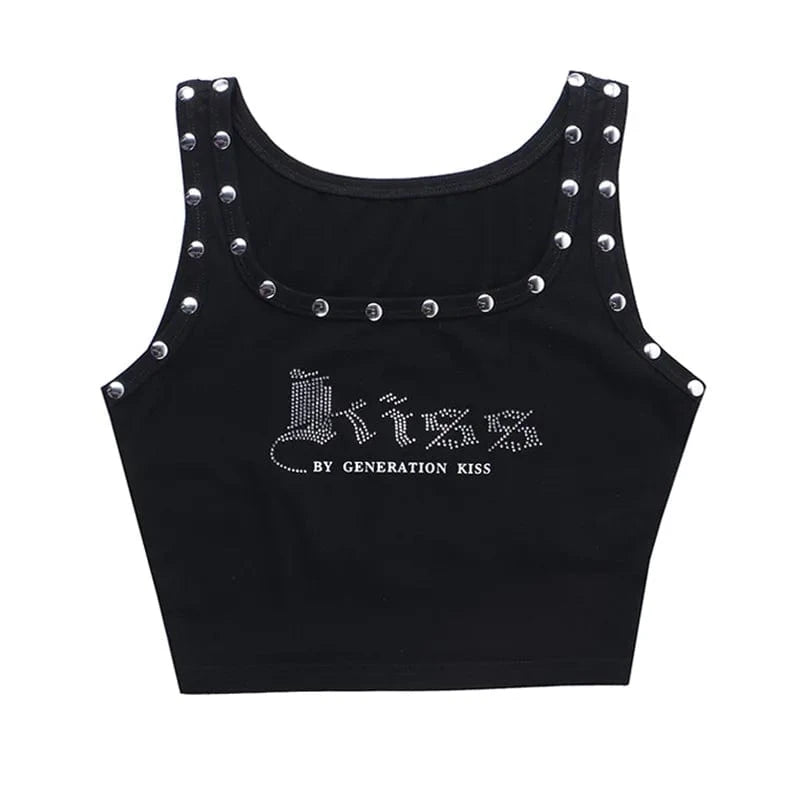 S / C319TP01 Black Bomblook C319TP01 Punk Style Kiss Rhinestone Tube Top Slim Fit Baby Tees Summer Beading Tank Top For Women 2024 Summer