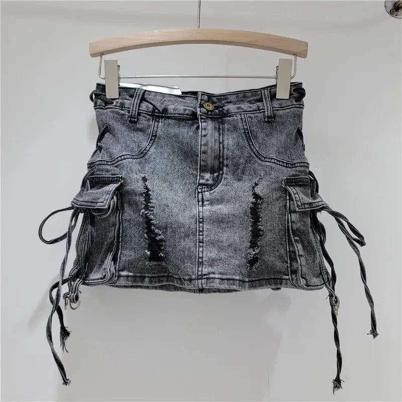 S / C320SK Gray Bomblook C320SK Vintage Washed High Waist Denim Mini Skirt Pockets Denim Cargo Skirt With String Ladies Denim Skirt