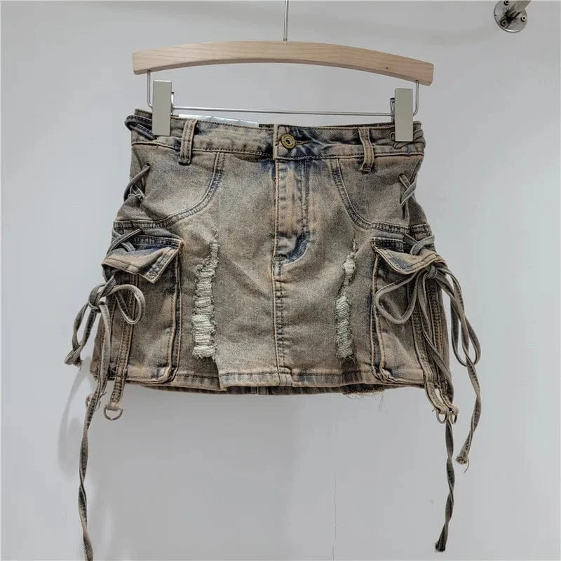 S / C320SK khaki Bomblook C320SK Vintage Washed High Waist Denim Mini Skirt Pockets Denim Cargo Skirt With String Ladies Denim Skirt