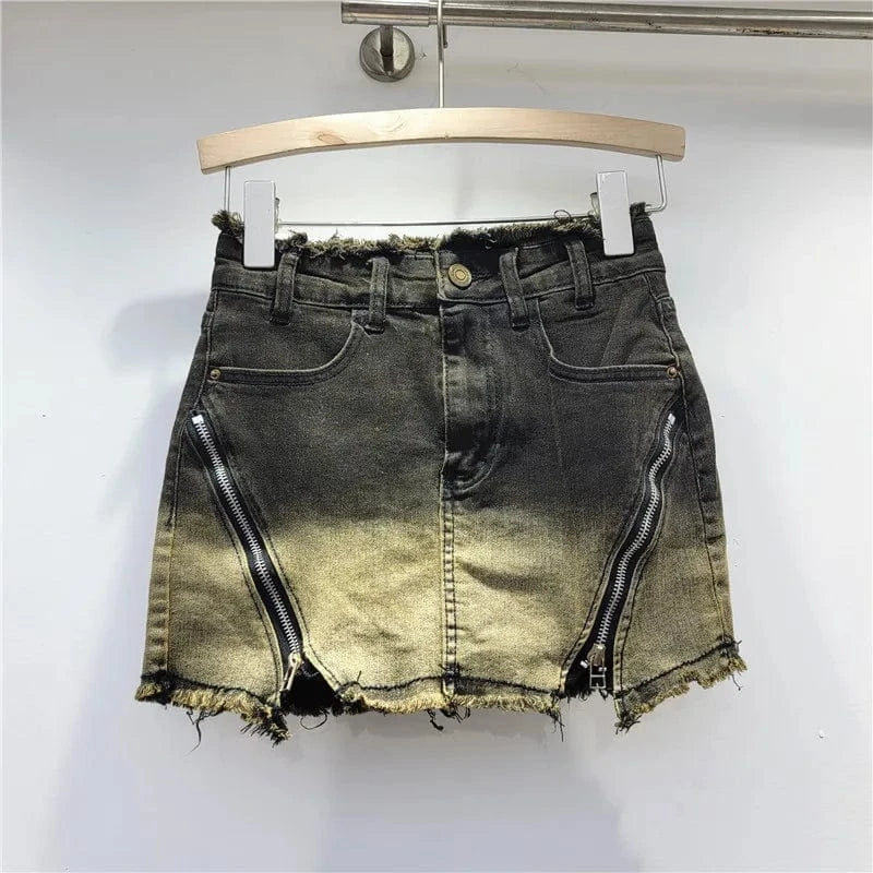 S / C320SK01 Black Bomblook C320SK01 Tie Dye Washed New Denim Mini Ripped Skirts Shorts Double Zipper Jeans Low Waist Ladies Charm Skorts