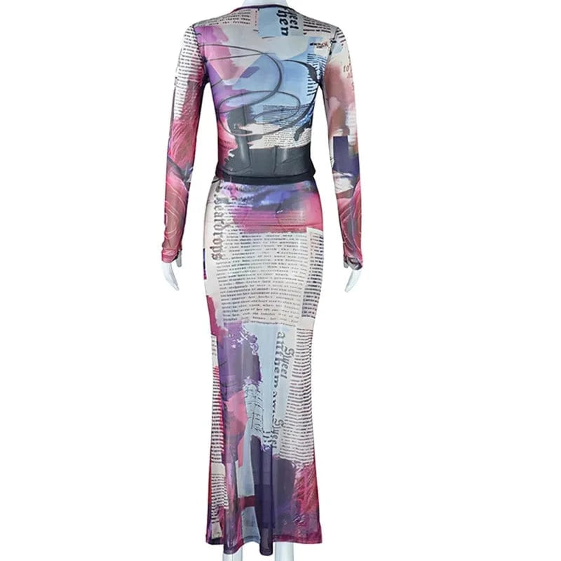 S / C320ST Multi color Bomblook C320ST Trends Outfits Streetwear Mesh Top Two Piece Set See Through Women Sets Women 2024 Two Piece Midi Skirt Set