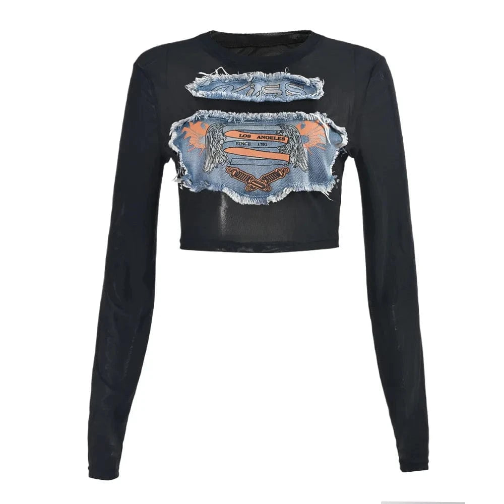 S / C420TP01 Black / Spandex / Polyester Bomblook C420TP01 2024 Spring Denim Pattern Print T Shirt Mesh Crop Top Women Tees Ladies Casual Ladies Y2K Tees