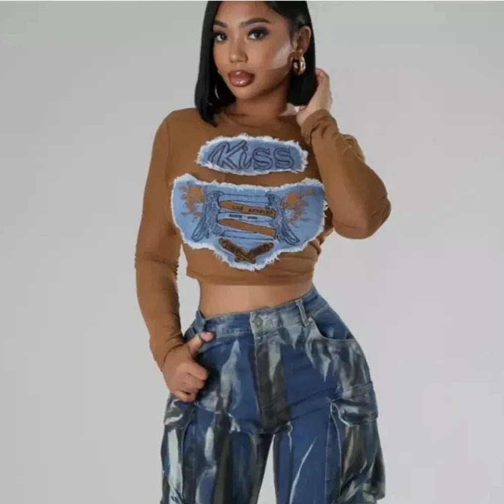 S / C420TP01 coffee / Spandex / Polyester Bomblook C420TP01 2024 Spring Denim Pattern Print T Shirt Mesh Crop Top Women Tees Ladies Casual Ladies Y2K Tees