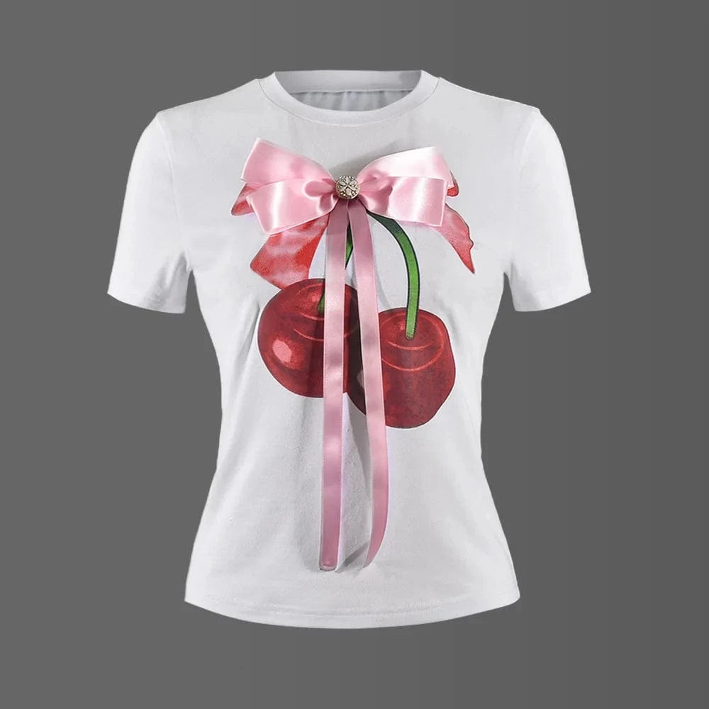S / C514TP01 White / Spandex / Polyester Bomblook C514TP01 2024 Summer Cute Cherry Print T Shirt Short Crop Top Women Tees Ladies Casual Ladies Fitted Bow Tees