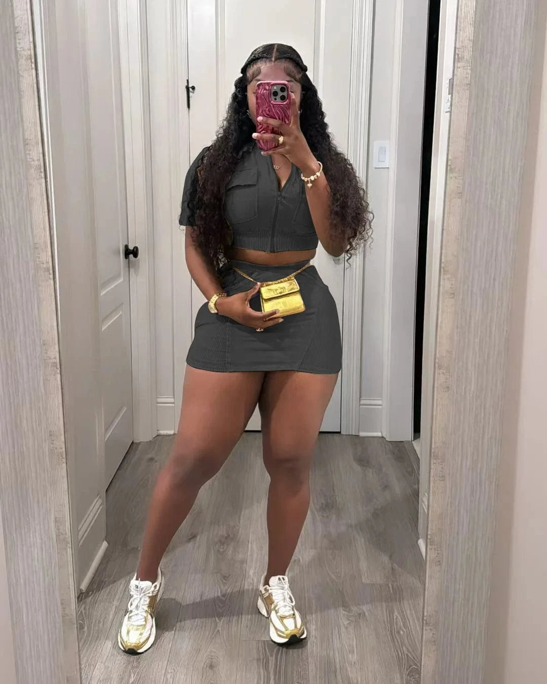 S / C608ST05 Black Bomblook C608ST05 Fashion Denim Washed Short Jacket New Design Outfits Streetwear 2 Piece Skirt Set Women Summer