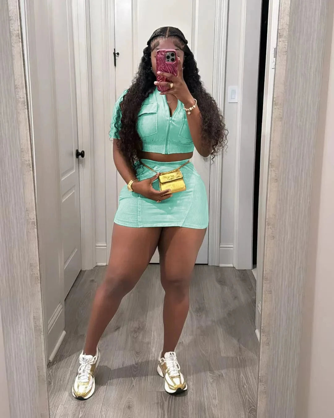 S / C608ST05 Green Bomblook C608ST05 Fashion Denim Washed Short Jacket New Design Outfits Streetwear 2 Piece Skirt Set Women Summer