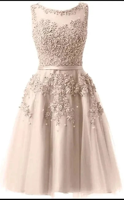 S / Champagne Cocktail Dress Little Appliques Beading Pink Wedding Formal Dresses Flowers Illusion Knee Length Party Gown
