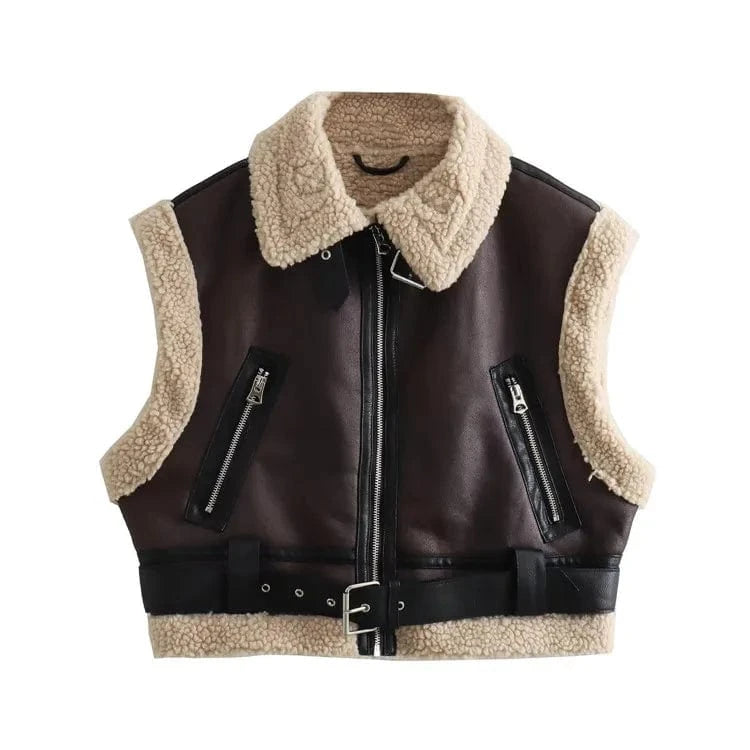 S / Coffee Fashion Lamb Wool Patchwork Faux Leather Vest Women Lapel Sleeveless Zip-Up Belt Thicken Jackets 2024 Outwear