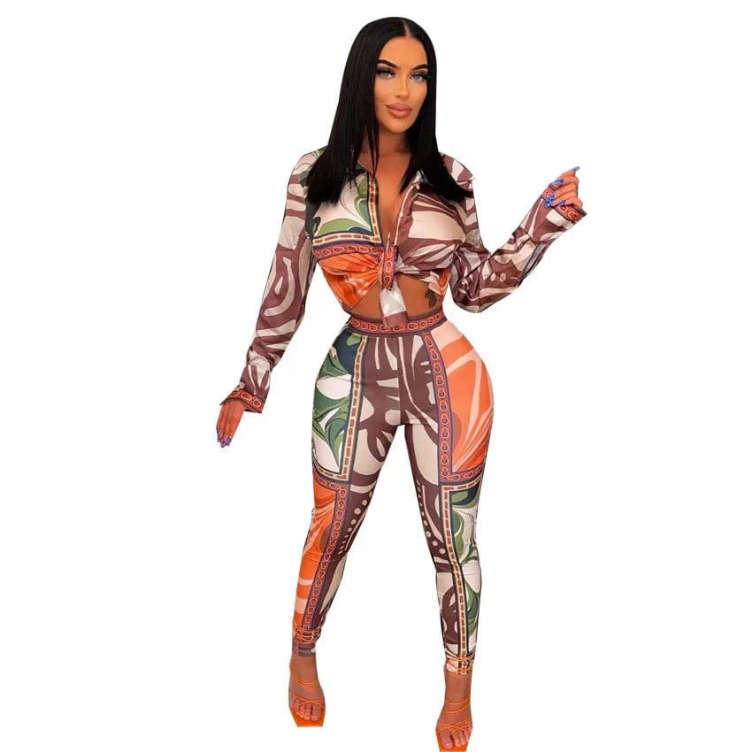 S / Coffee Liu Ming Autumn Wholesale Fashion 2024 New Product Print Sexy Two Piece Women Long Sleeve Crop Tops Leggings Pants Set