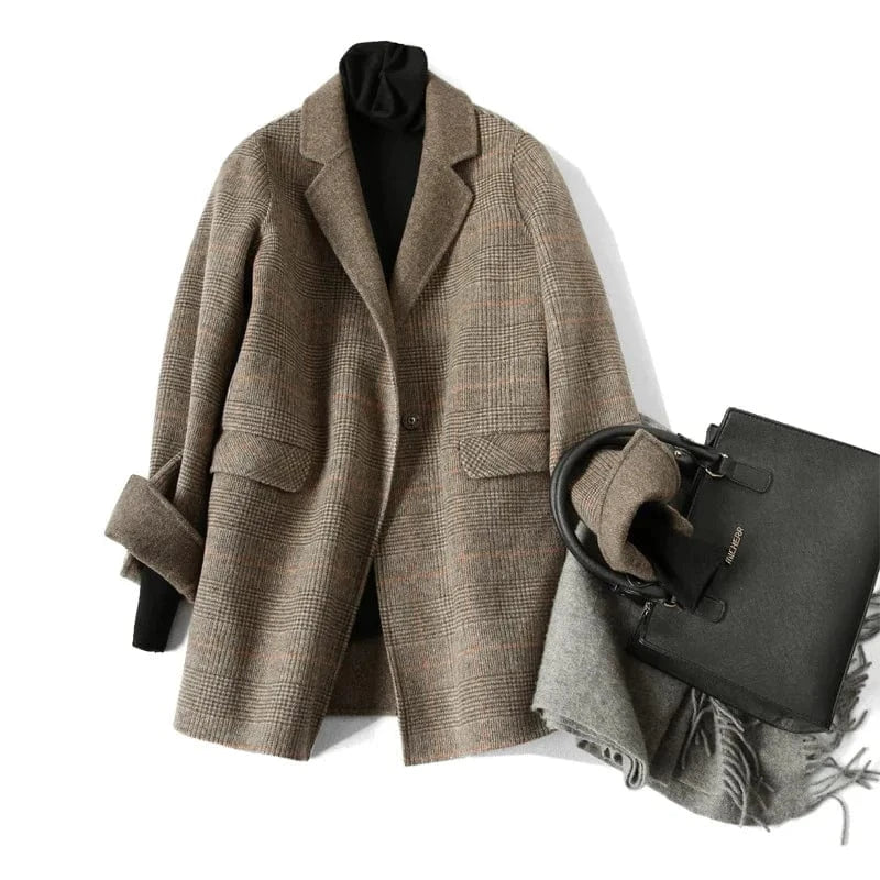 S / Coffee New Arrival Solid Color Lattice Double Face Winter Short Cashmere Wool Coats Women