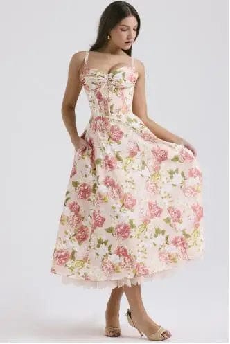 S / COLOR 3 Plus Size Lady Spring Summer Dress Floral Print Halter Long Dresses Casual Bohemian Sleeveless Women Beach Party Dress 2024