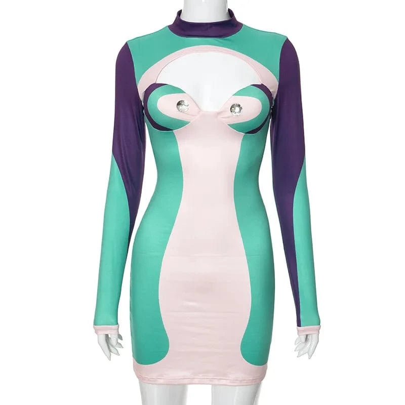 S / Color C0808 2024 spring Digital printing contrasting color diamond sexy tight dress for women