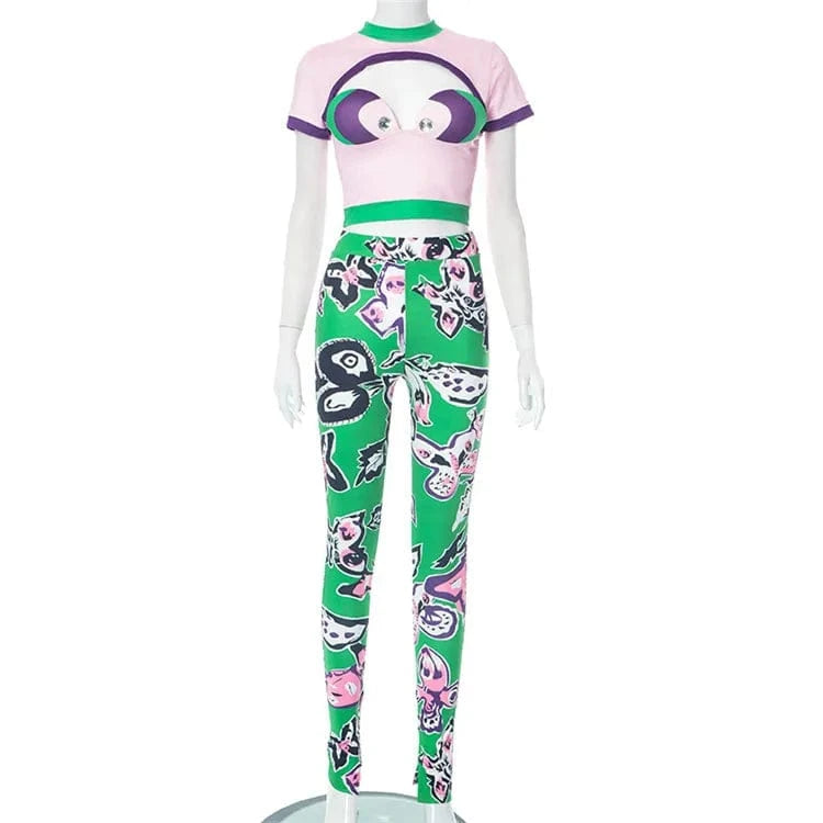 S / Colour ZHEZHE Colours Graphic Print Bodycon 2 Two Piece Set Casual Vacation Clothing For Woman 2024 Fashion Crop Top Pants Set