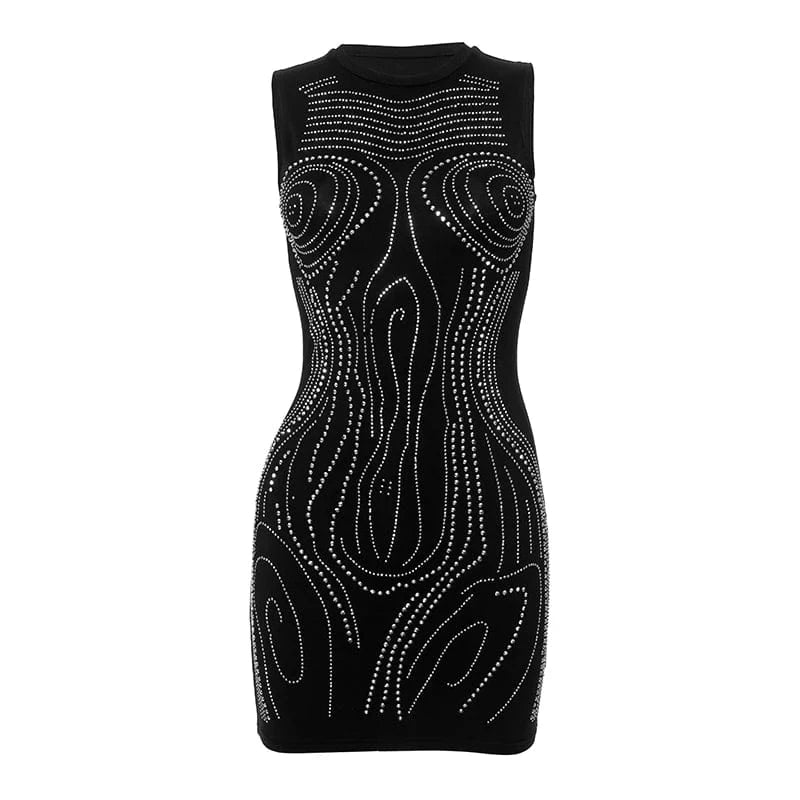 S / D24DS106 Black Bomblook D24DS106 Sleeveless Women's Dresses New Outfits Ladies Women's Casual Rhinestone Dresses Sexy Mini Party Dress 2024