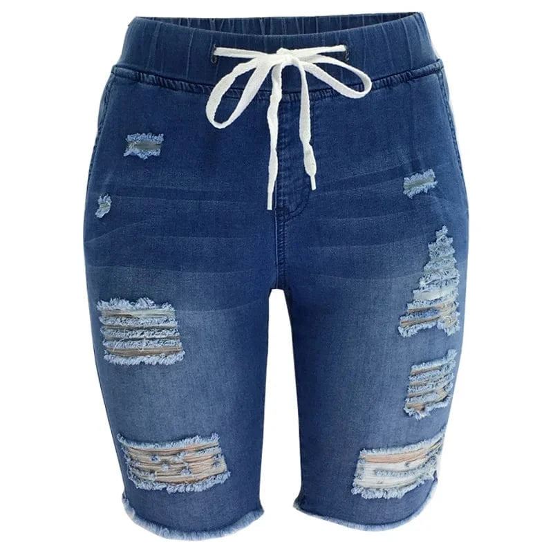 S / Dark blue 2024 Summer Women's Skinny Jean Shorts Elasticized Frayed Denim Mid Waist Breathable and Washable Solid 3D Pattern