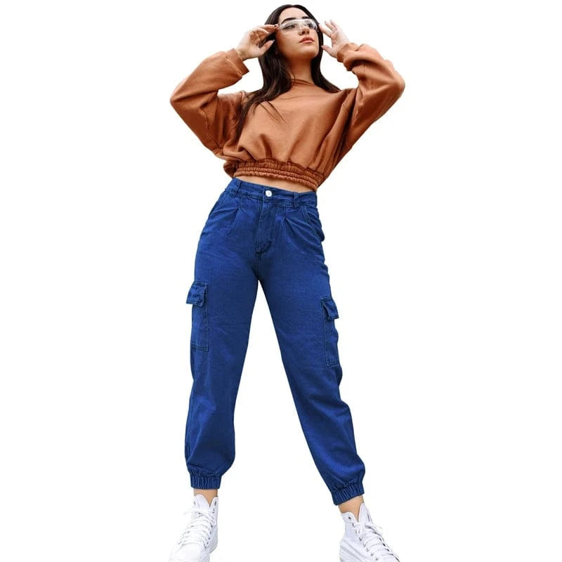 S / Dark blue High Waist Cargo Jogger Jeans