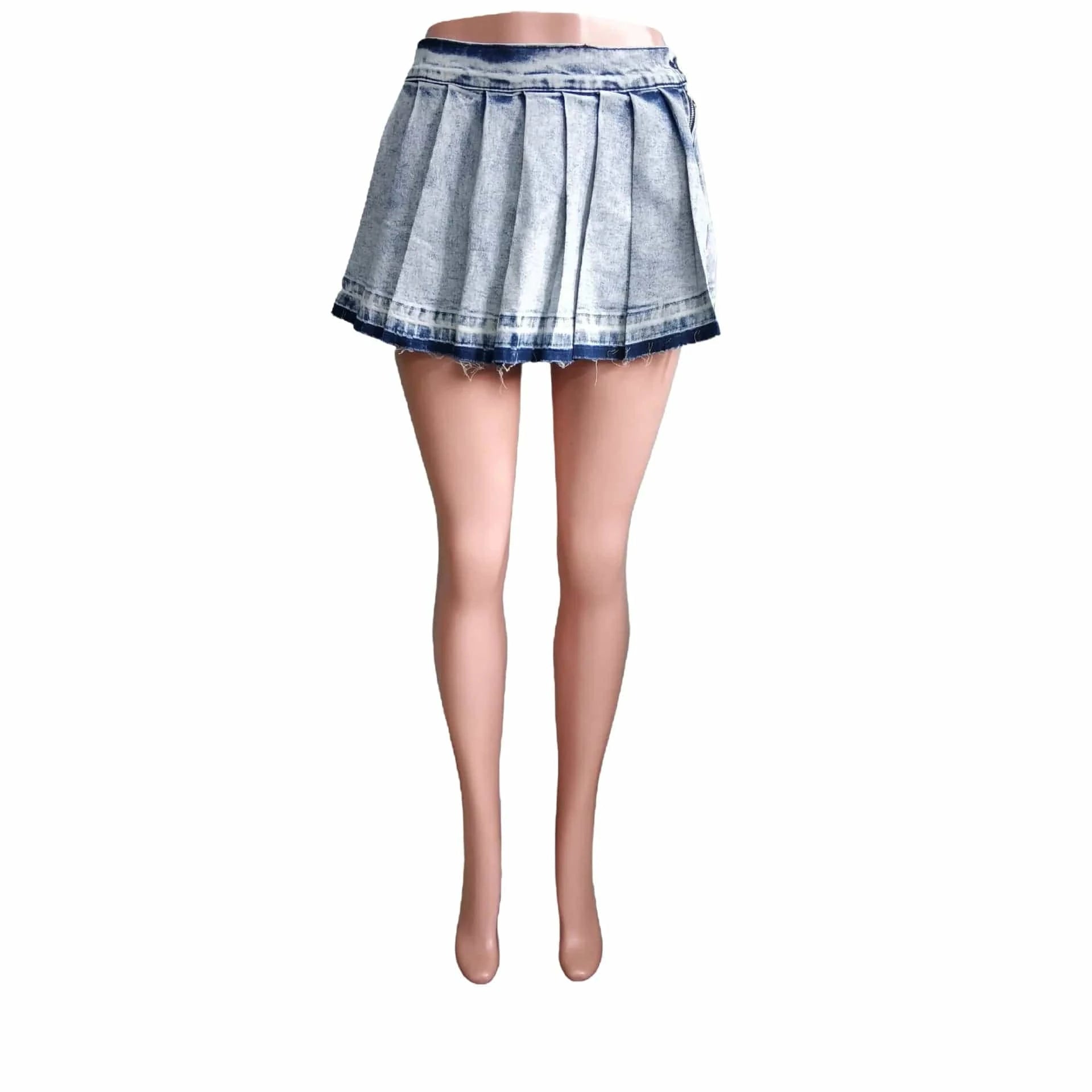 S / Dark blue Liu Ming New Arrivals 2024 Trending Women Ruffled Pleated Hot Girl High Waist A Line Denim Short Mini Skirt