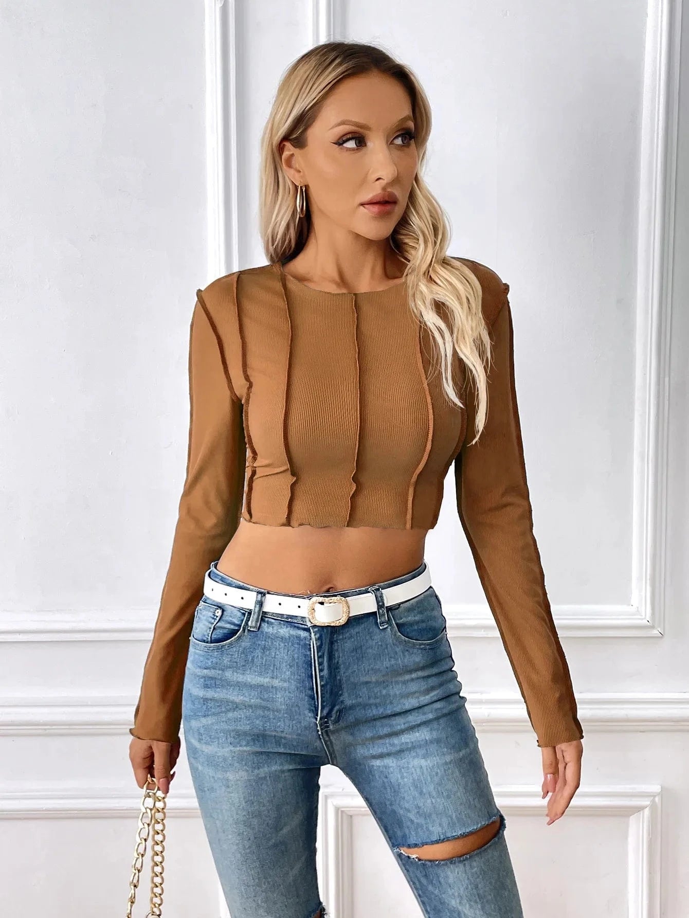 S / dark brown / Spandex / Polyester DAMOCHIC Fashionable Winter T Shirt for Women Slim Fit Fall Long Sleeves Trendy Tops New Knitted Warm Skinny Crop Tops Tshirts