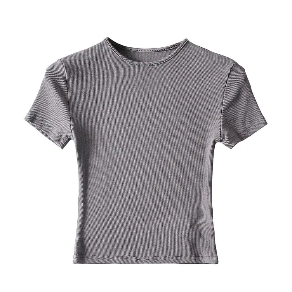 S / dark gray DAMOCHIC High quality Solid Color T Shirts Summer Short Sleeve Basic Blouses Round Neck Short Sleeves Crop Tops T Shirts 2023