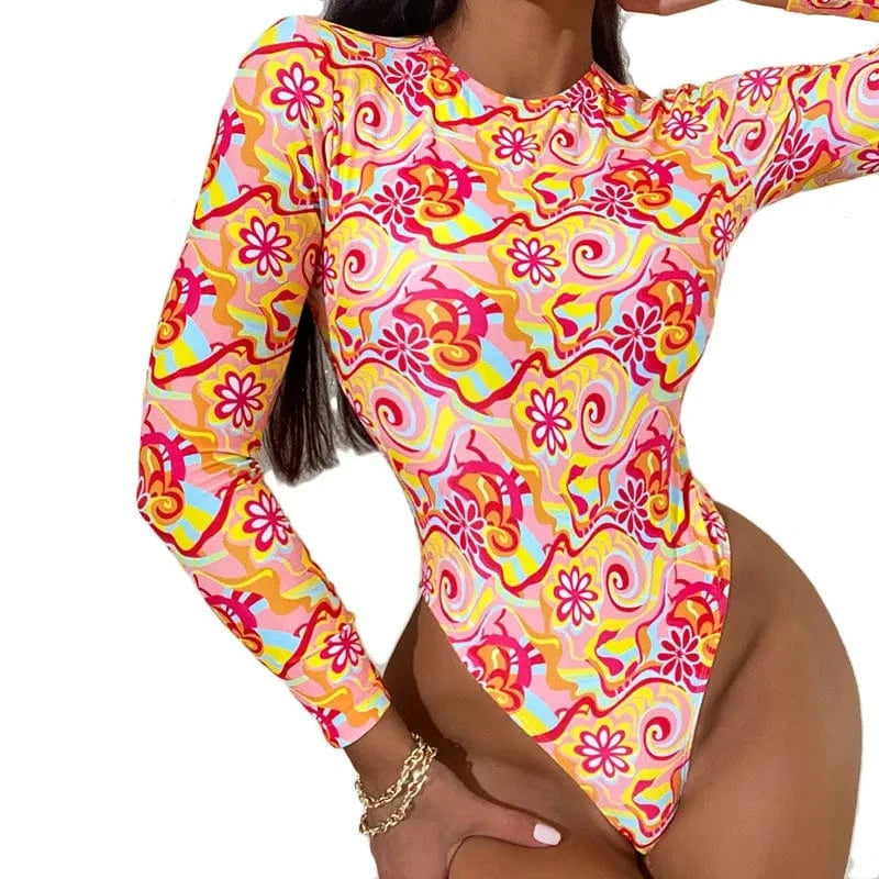S / Floral print 2024 New Arrival Maillot De Bain Long Sleeve Designer Print Flowers Surfsuit Tummy Control High Waist Beachwear Swimsuits Women