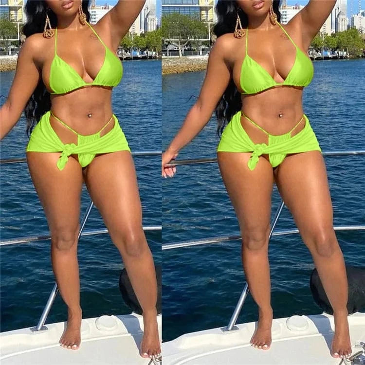 S / Fluorescent Green Sexy Soild Bikini Set Micro Thong Women Skirt Cover Up 3 Piece Swimsuit 2024 Lace Up Bathing Suit Halter String Swimwear