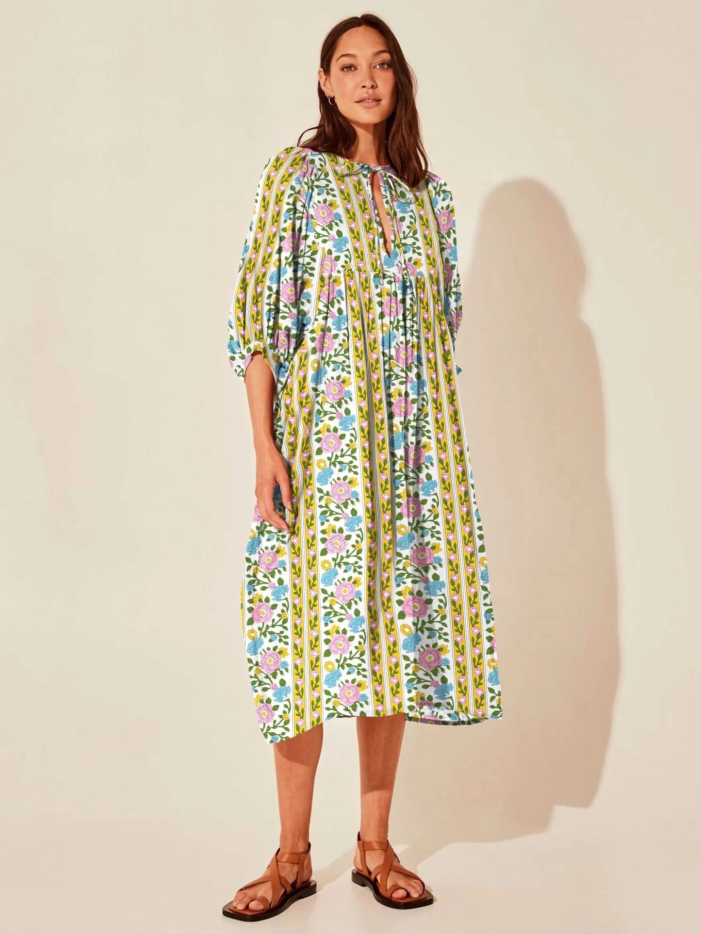 S / FQPR032 Wholesale Casual Beach Vacation Style Swing Boho Floral Maxi Dresses Short Sleeves Loose Plus Size Bohemian Dress