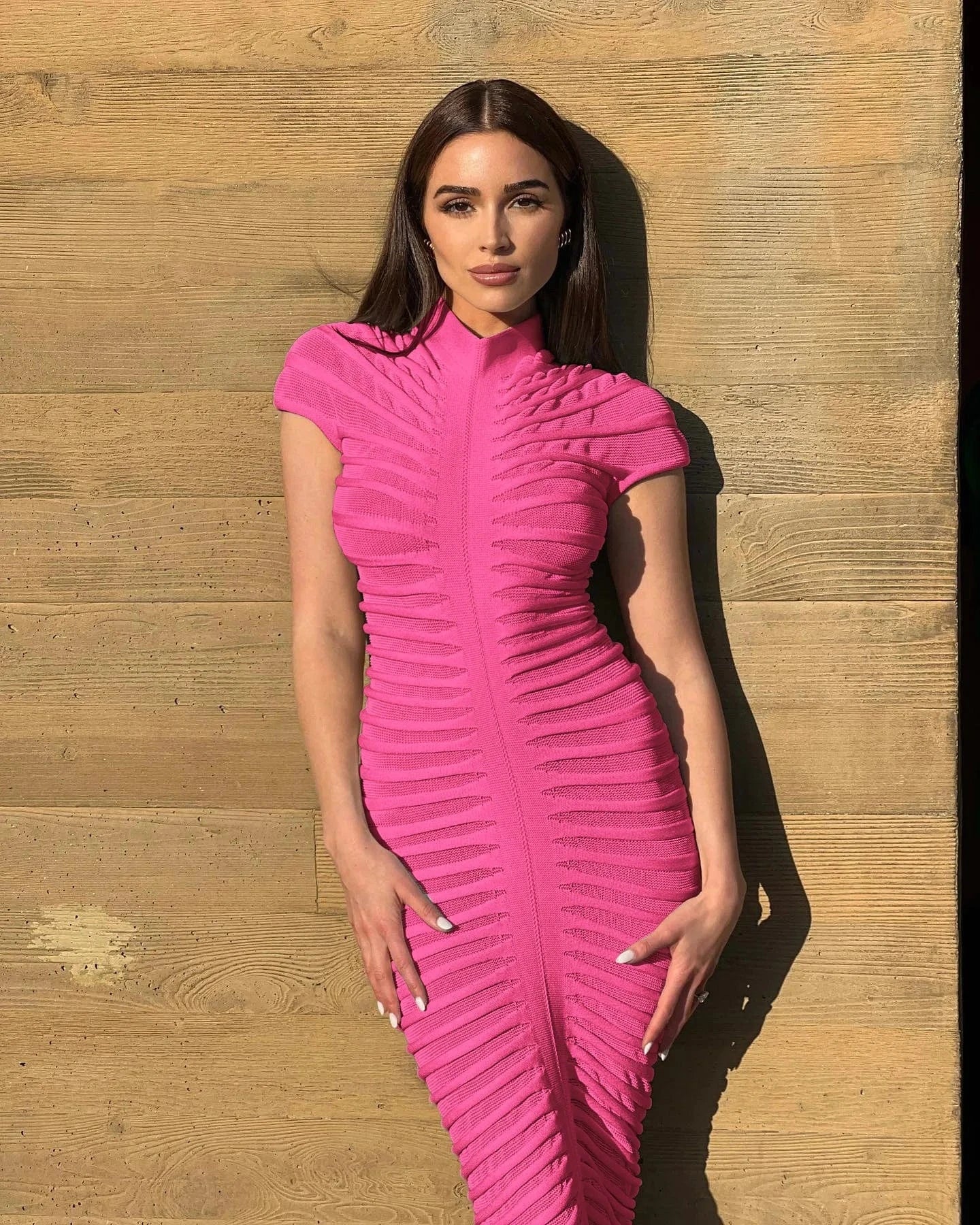 S / Fuchsia Autumn New Trendy Short Sleeve Knit Maxi Dresses Women Stretchy Solid Color Night Club Party Sexy Knitting Long Dress