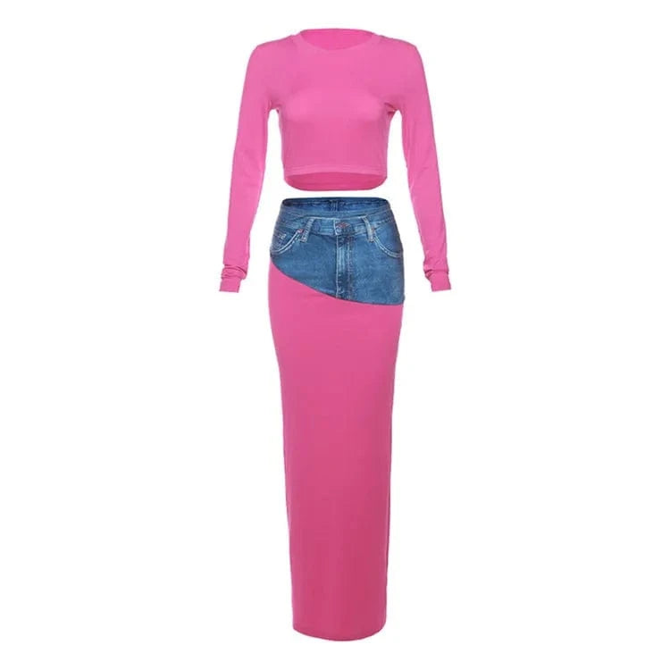 S / Fuchsia Denim Print High Waist 2 Two Piece Skirt Set Party Outfits For Women 2024 Spring Long Sleeve Bodycon Skirt Sets