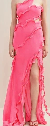 S / Fuchsia GX1900 New 2024 Summer Style Sleeveless Halter Ruffle Long Dress Women Club Party Split Irregular Maxi Dresses