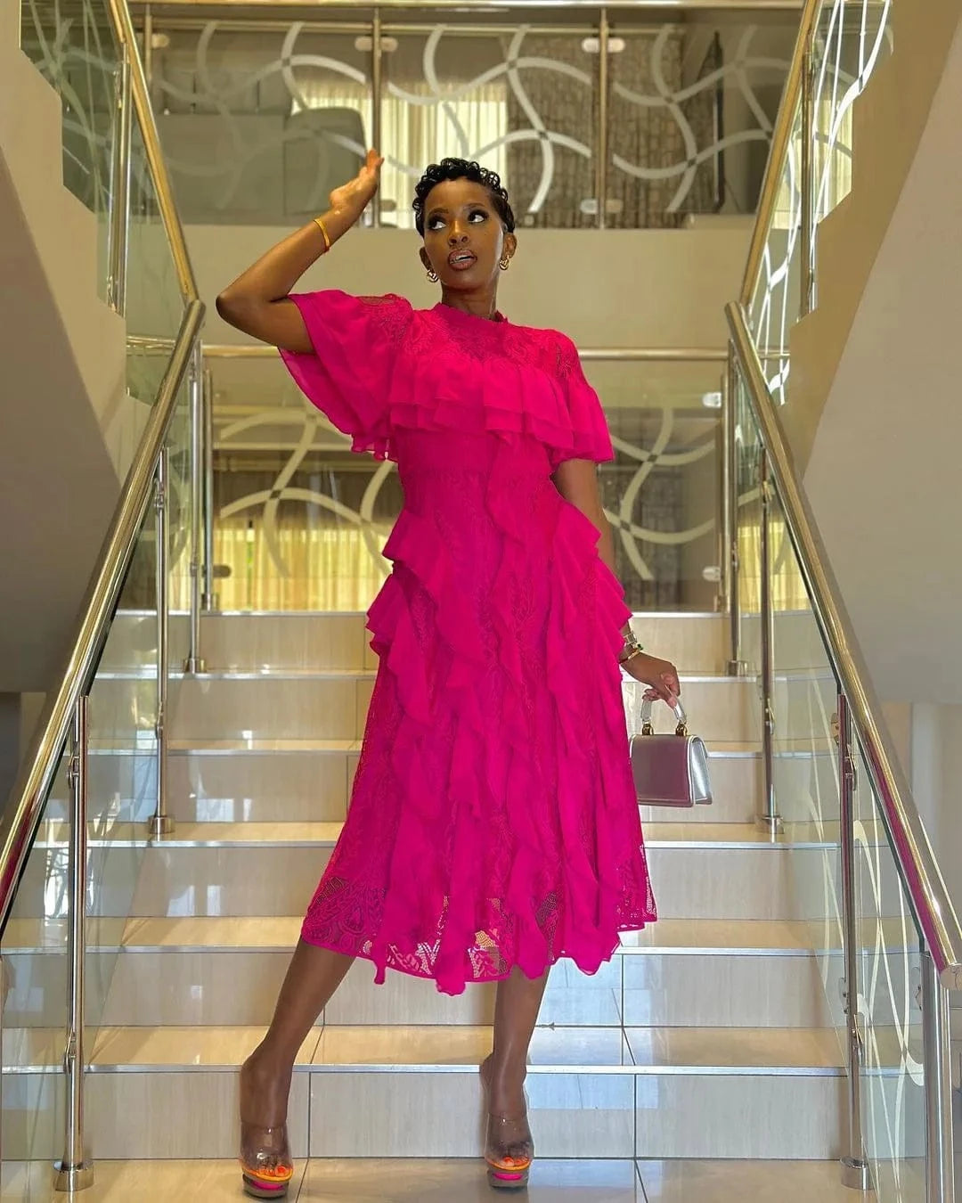 S / Fuchsia J&H 2024 Summer New Sweet Half High Collar Ruffle Edge Irregular Lace Short Sleeve Elegant Long Dress