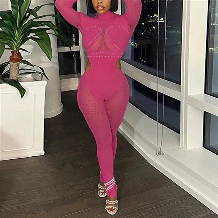 S / Fuchsia Spring Sexy Long Sleeve Rhinestone Patchwork Mesh See Through Bodycon Black Jumpsuit Overall One Piece Outfit For Women