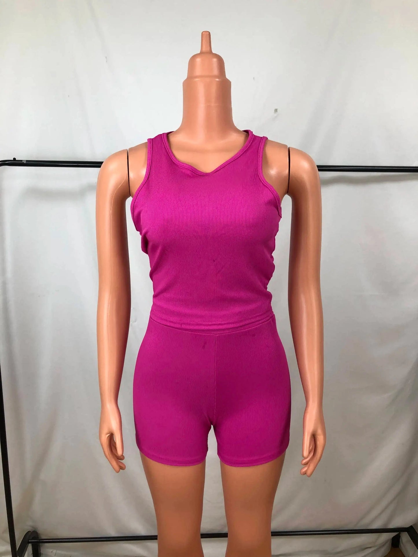 S / Fuchsia Summer Women custom logo solid color women fashion sexy pit strip two piece set sports fitness 2 piece set casual for women