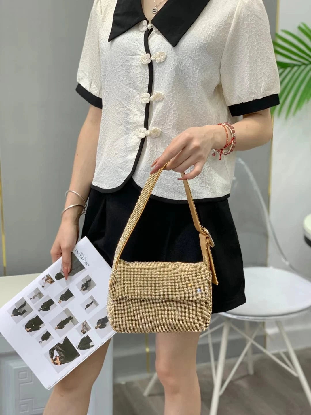 S / Golden 2024 New Elegant  rhinestone handbag purse bolsas evening bags luxury shoulder bag