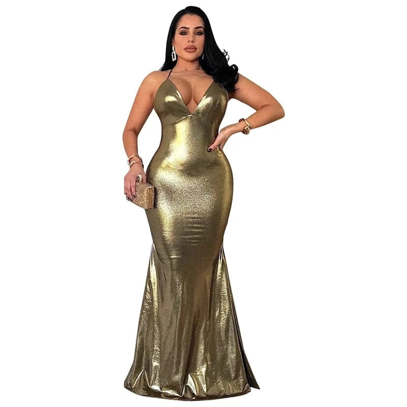 S / Golden 2024 summer custom women knit gold silver sexy bandage shiny metallic fabric clubwear nightclub backless maxi long evening dress