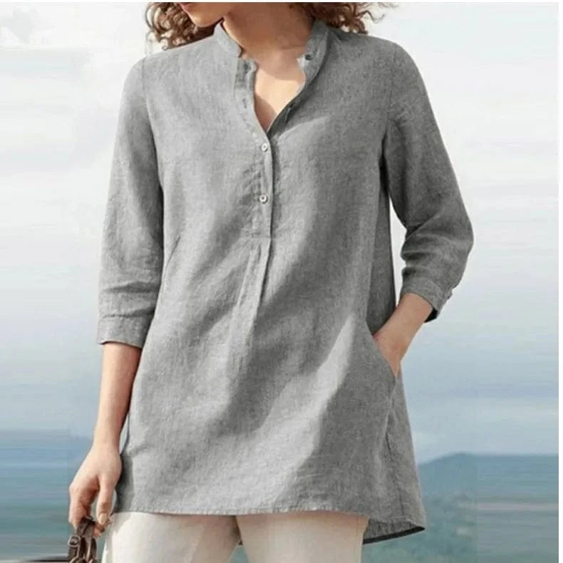 S / Gray 2024 Autumn Women Elegant Solid color Ruffle blouse shirt Casual stand collar loose blouse
