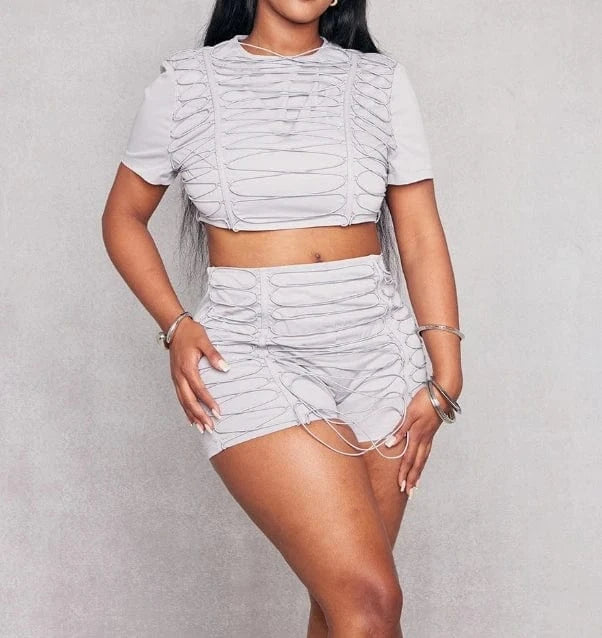S / Gray 2024 Hot Sale Short Sleeve Crop Top And High Waist Shorts Women's Jogger Outfits Solid Color Bandage Two Piece Set