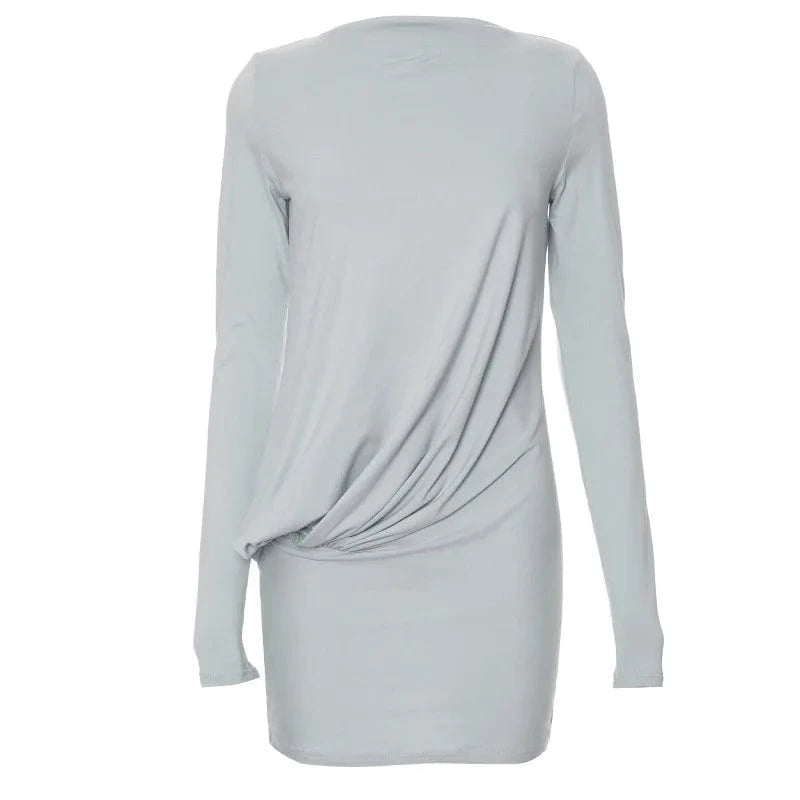 S / Gray 2024 New Spring Fashion Wrinkle Waist Casual Dress Solid Color Long Sleeve Dress Sexy Bodycon Mini Dresses