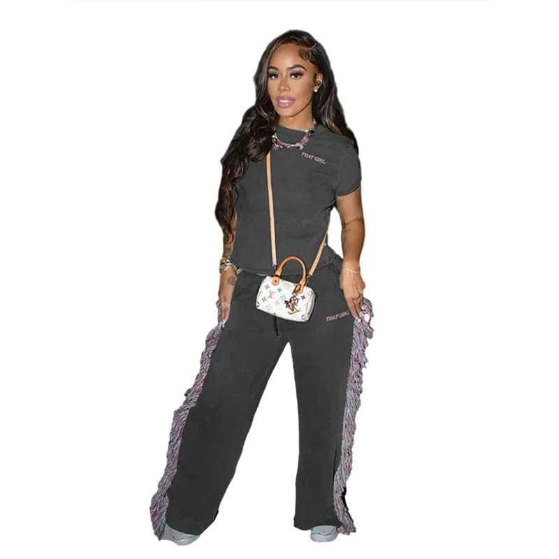 S / Gray BR4206 2024 women's round neck embroidered short sleeve t-shirt high waist color tassel casual pants